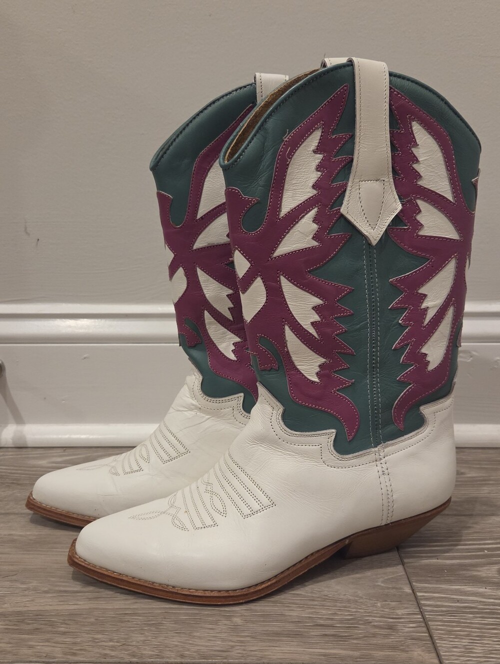 Vintage Seychelles Western Cowboy Boots White Purple Green Leather Cowgirl